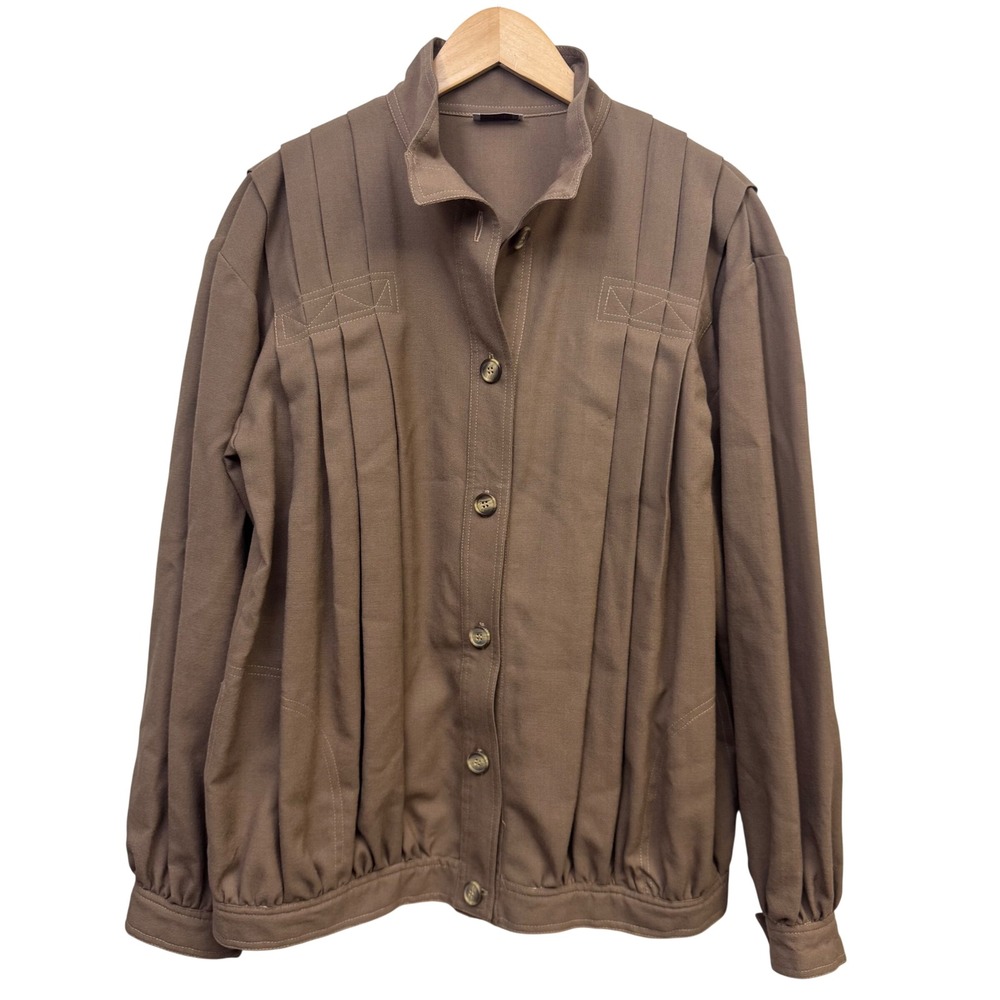 Vintage Tahari Jacket 80s Brown 100% Wool Pleated Button Front 13/14